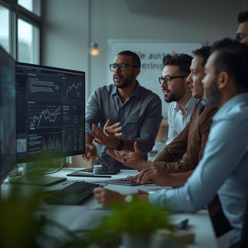 Cuatro personas trabajando en una estrategia digital con inteligencia artificial.