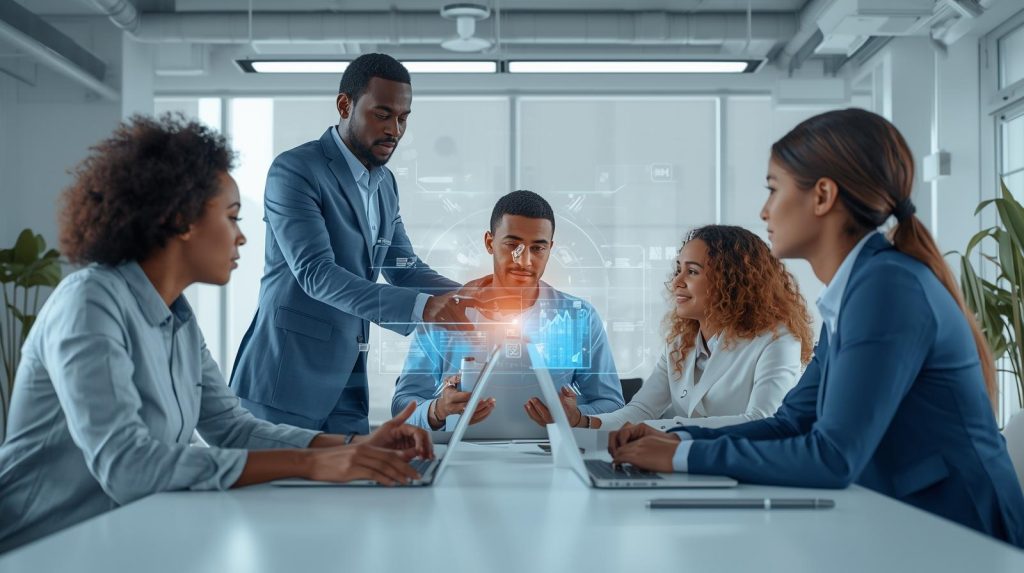 Five professionals in business attire sit around a conference table, looking at a digital chart projection, with laptops and notepads in a modern office setting.