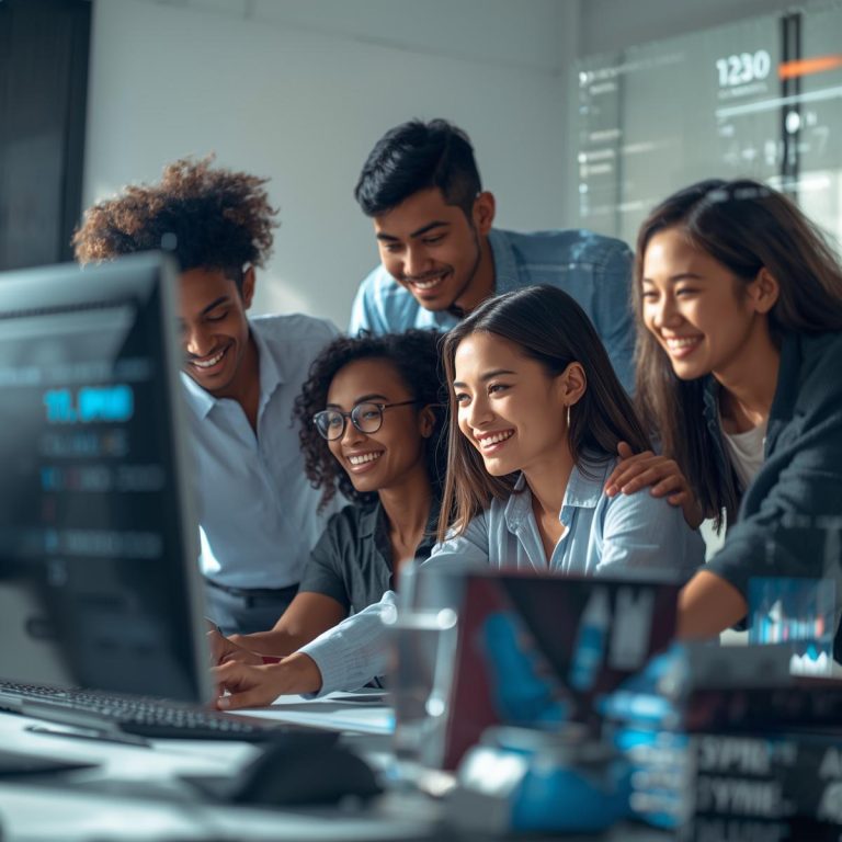 Un primer plano de un grupo diverso de cinco jóvenes profesionales sonriendo y colaborando mientras miran una pantalla de computadora en una oficina moderna.
