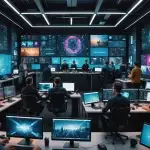 Oficina con muchos SEO profesionales trabajando con herramientas de inteligencia artificial.