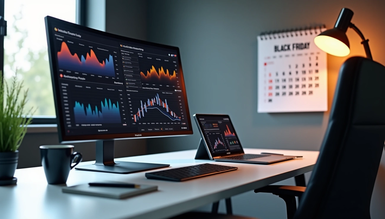 Un computador sobre escritorio para prompts en chatgpt para Black Friday.