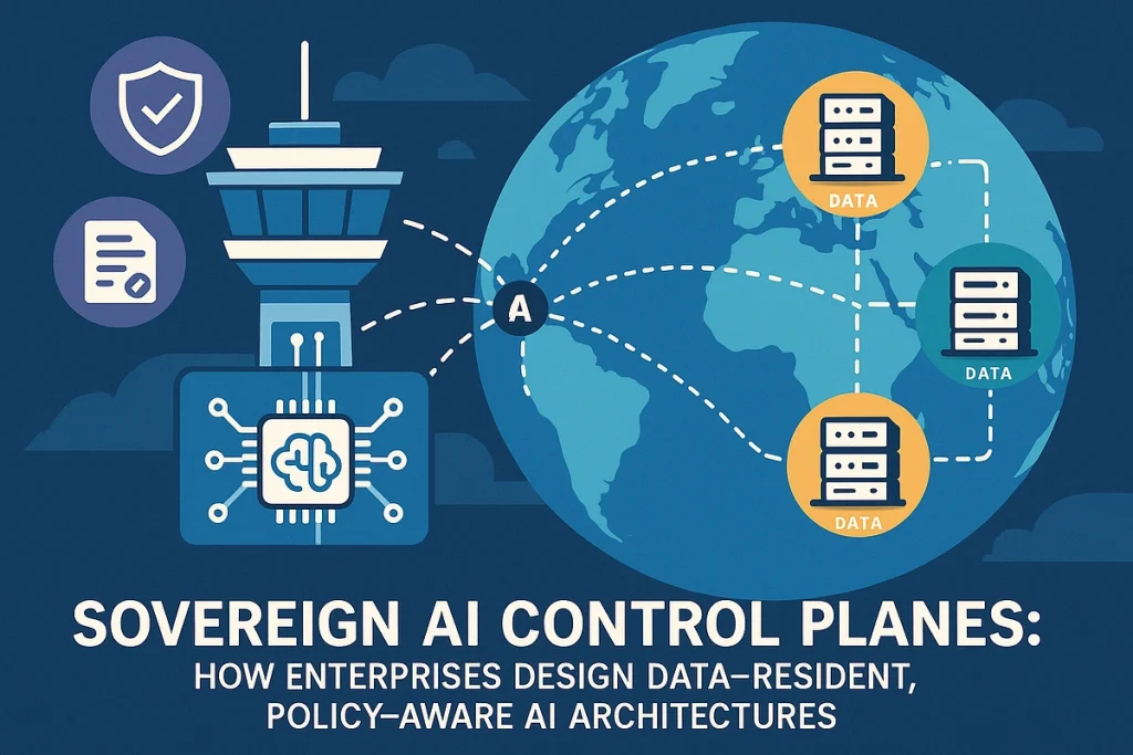Illustration of a sovereign AI control plane connecting global data servers with secure, policy-aware AI architecture design.