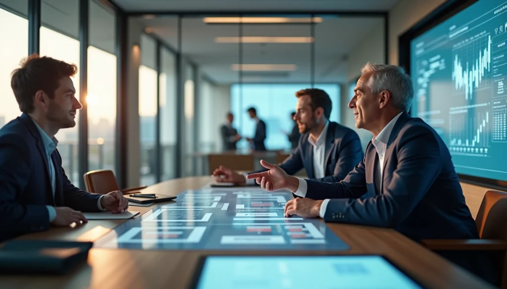 Tres hombres trabajando sobre inteligencia artificial 2026 en una oficina corporativa.