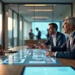 Tres hombres trabajando sobre inteligencia artificial 2026 en una oficina corporativa.