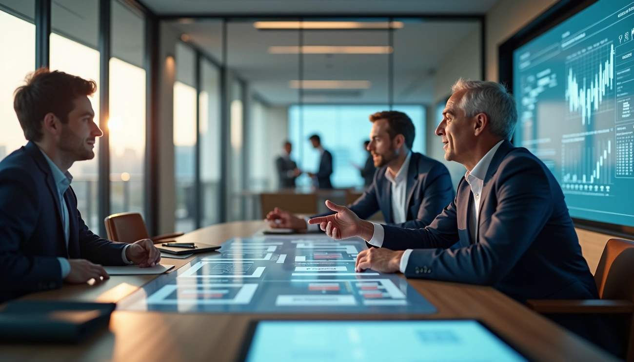Tres hombres trabajando sobre inteligencia artificial 2026 en una oficina corporativa.