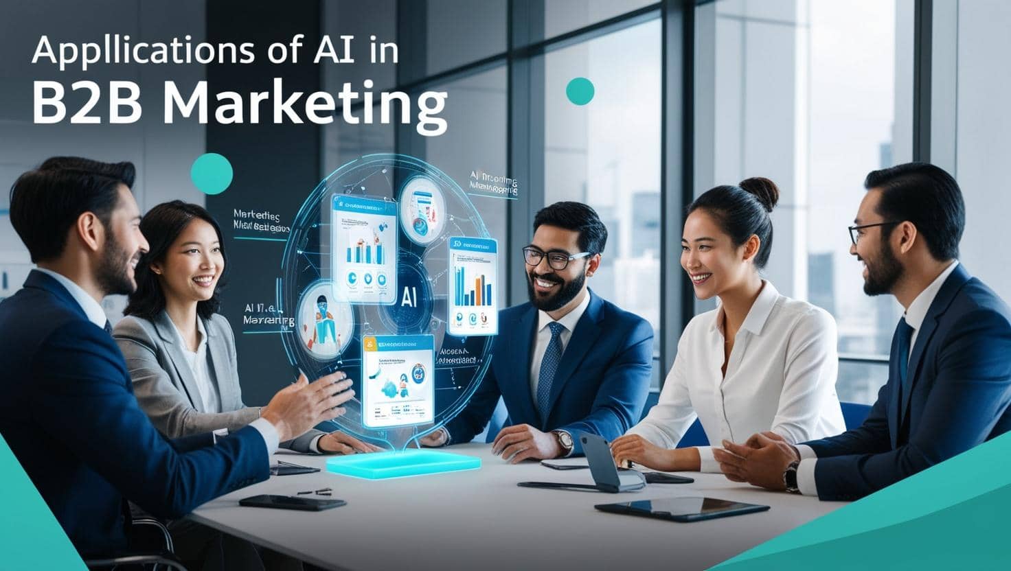 A team of professionals collaborating in a modern office setting, discussing AI applications in B2B marketing, with visuals of data analytics and marketing graphics displayed.