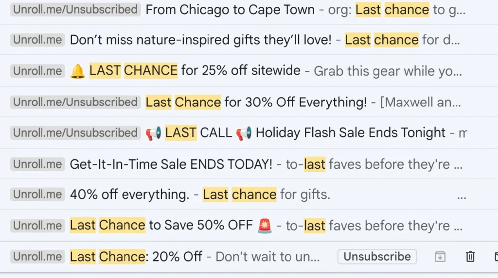 Lista de asuntos de emails.