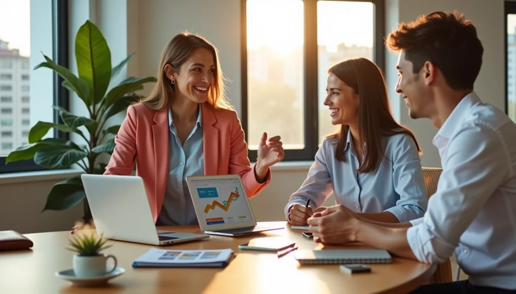 Three professionals discuss business growth strategies around a table with laptops and charts in a sunlit office.