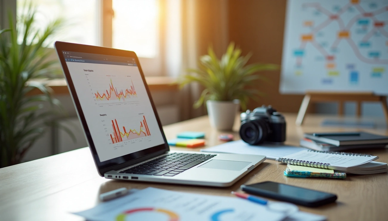 Una laptop encima de un escritorio para optimizacion de contenido.