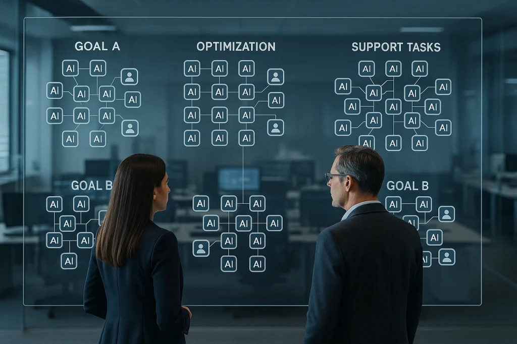 Two professionals view a transparent board showing AI-driven organizational charts with goals, optimization, and support tasks.