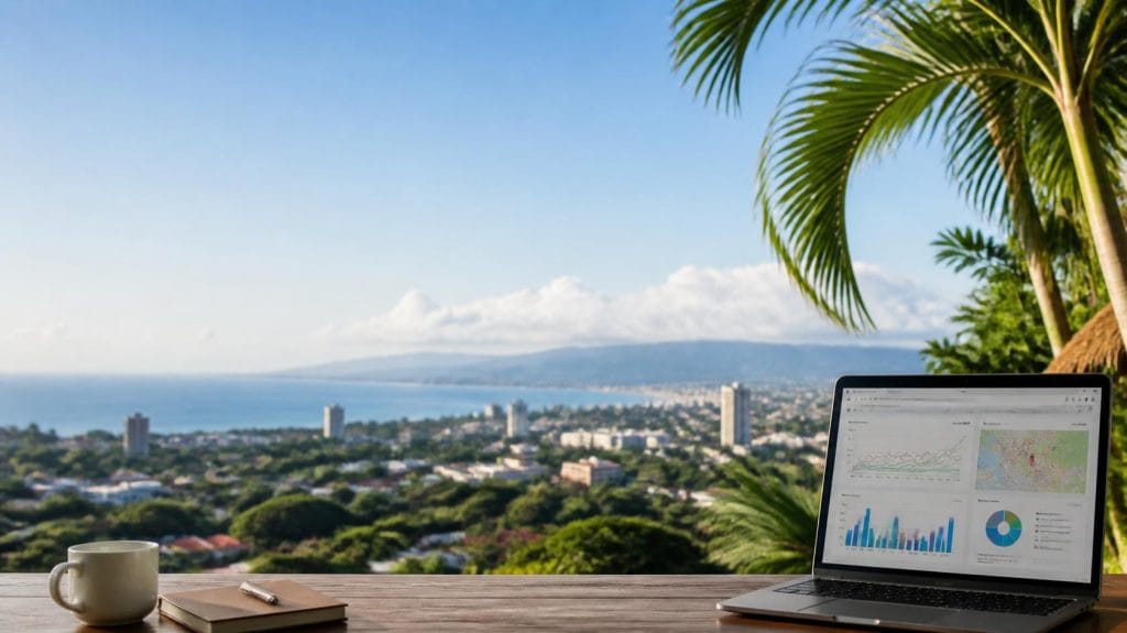 Laptop con fondo de SEO Local Costa Rica.